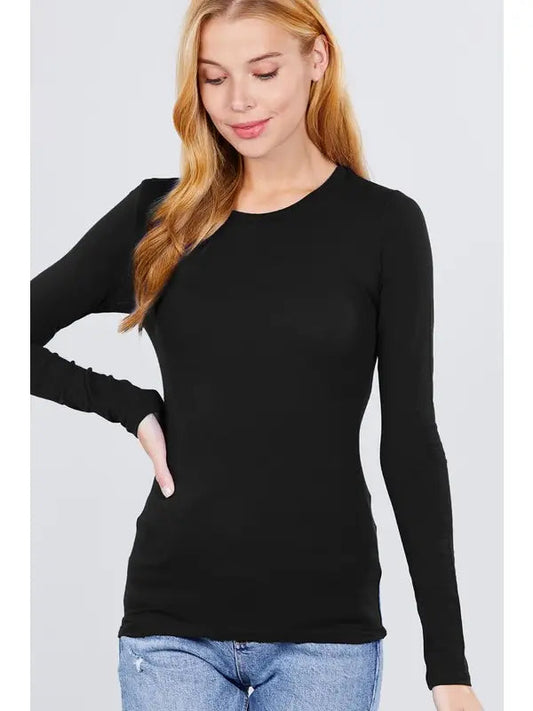Zenana Long Sleeve Crew Neck Cotton Spandex Jersey Top - Black Zenana