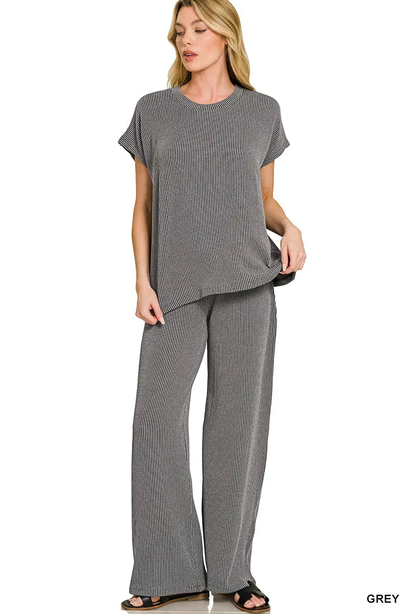 Zenana Women's Raised Rib Relaxed Top & Pants Set - Grey Zenana