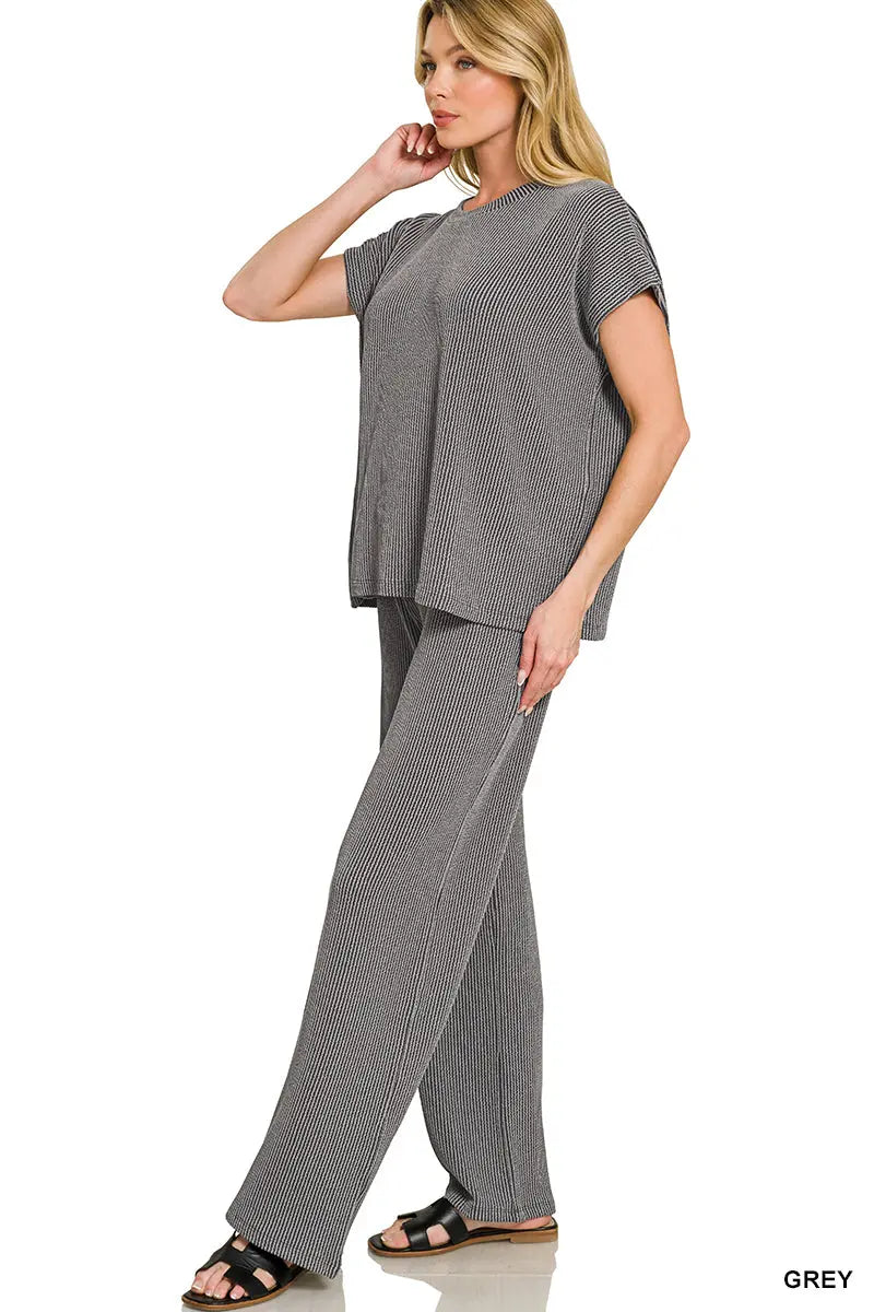 Zenana Women's Raised Rib Relaxed Top & Pants Set - Grey Zenana