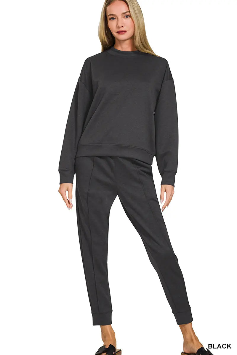 Zenana Women's Scuba Mock Neck Pullover & Joggers Set - Black Zenana