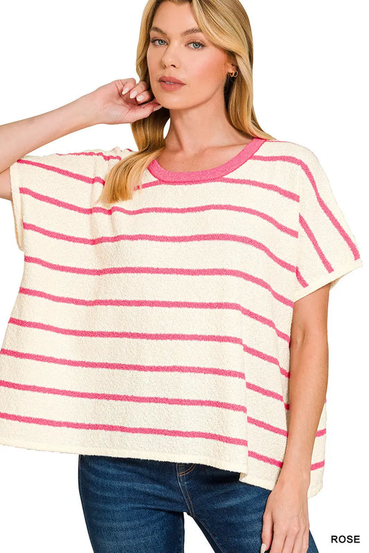 Zenana Striped Oversize Sweater Top - Rose Zenana