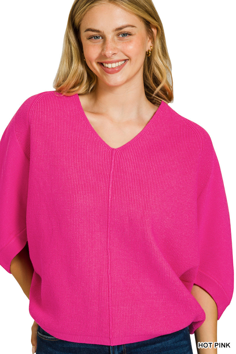Zenana Viscose V Neck Dolman Sweater - Hot Pink