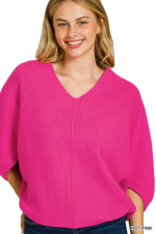 Zenana Women's Viscose V Neck Dolman Sweater - Hot Pink Zenana