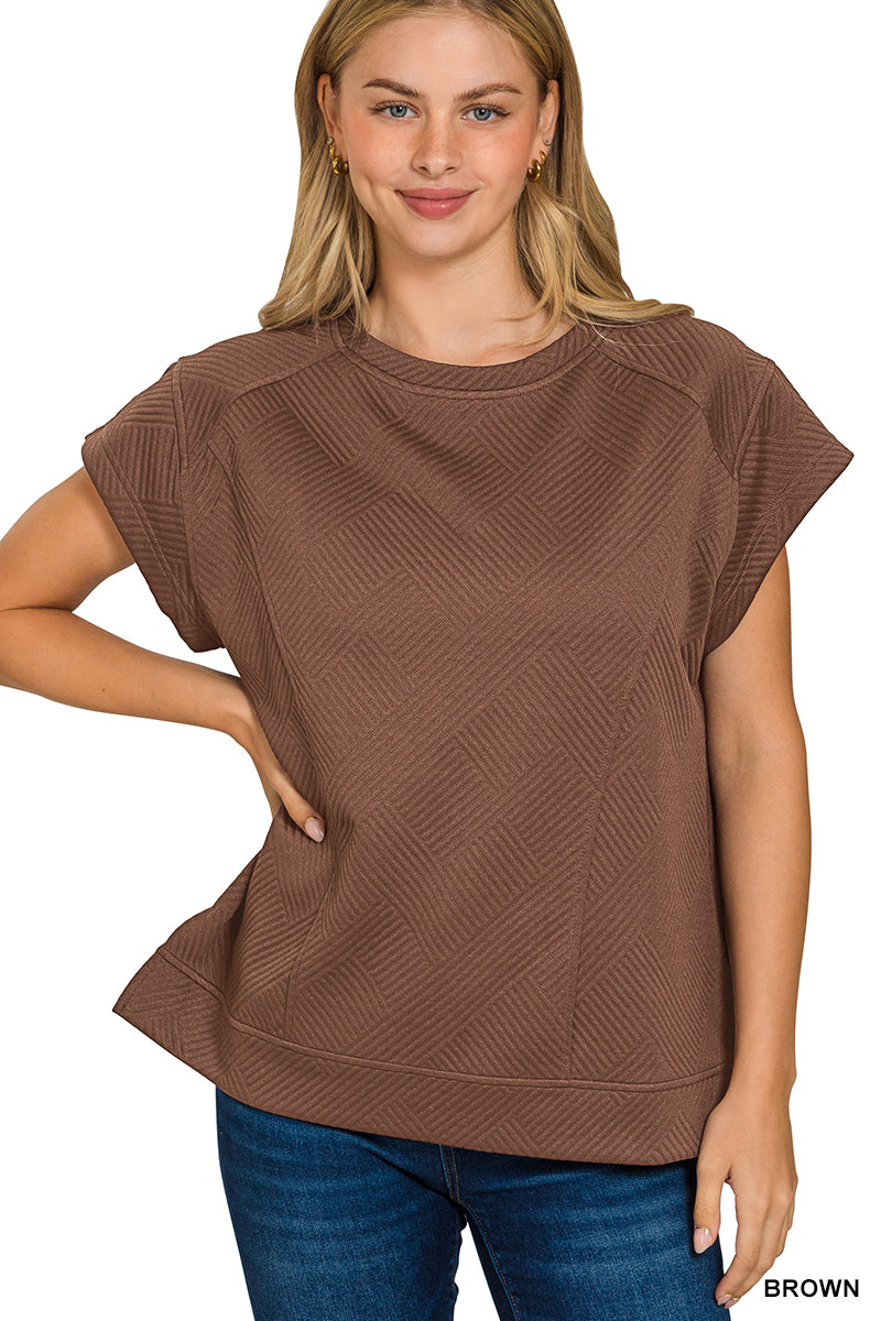 Zenana Women's Textured Knit Jacquard Short Sleeve Top - Brown