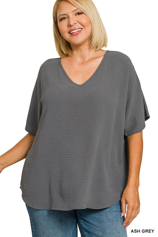 Zenana Women's Plus Airflow V-Neck Dolman Top - Ash Grey
