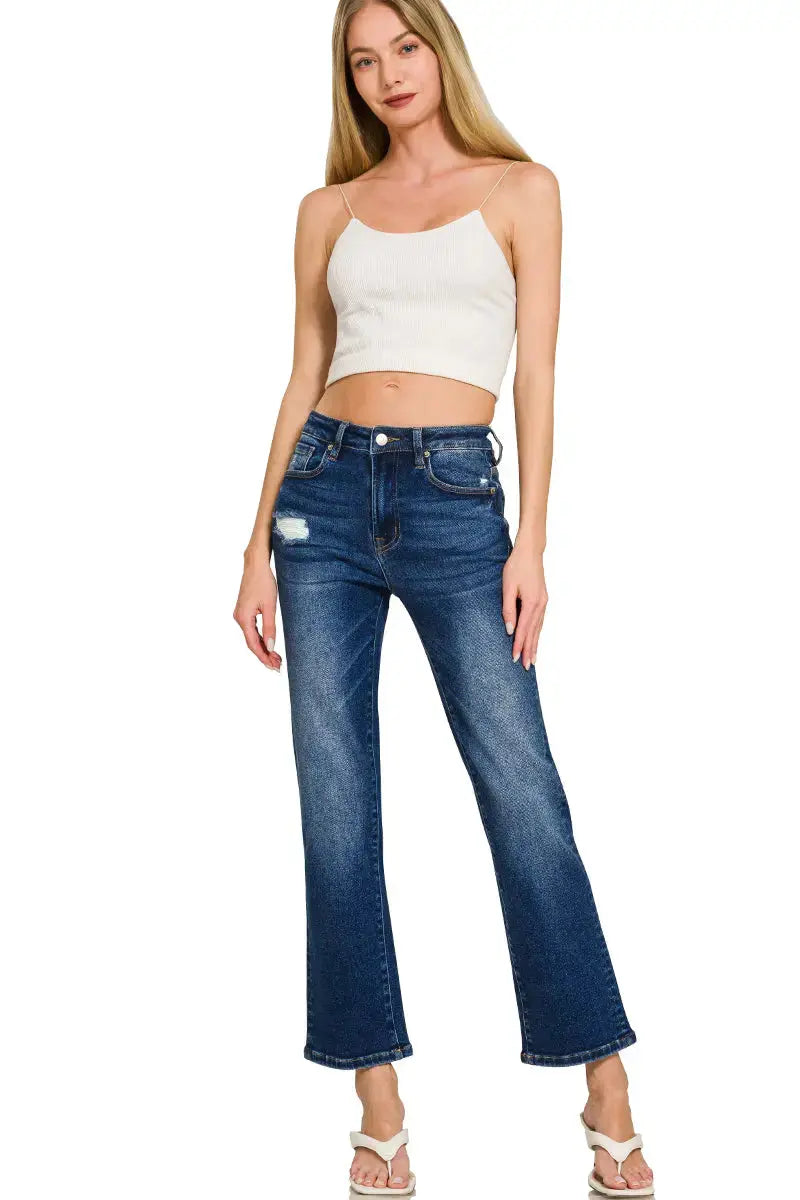 Zenana Women's Dark Washed Cropped Straight Leg Denim Pants Zenana