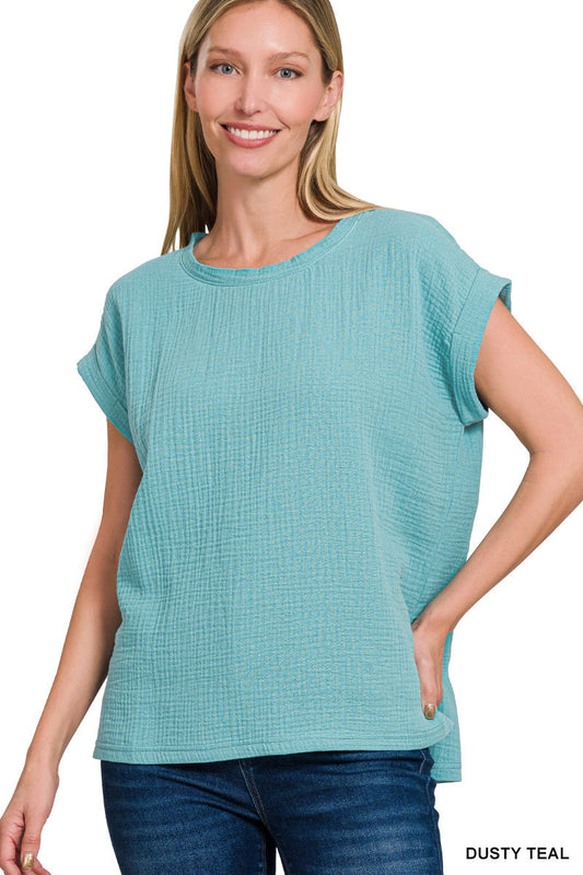 Zenana Women's Double Gauze Round Neck Folded Sleeve Top - Dusty Teal Zenana
