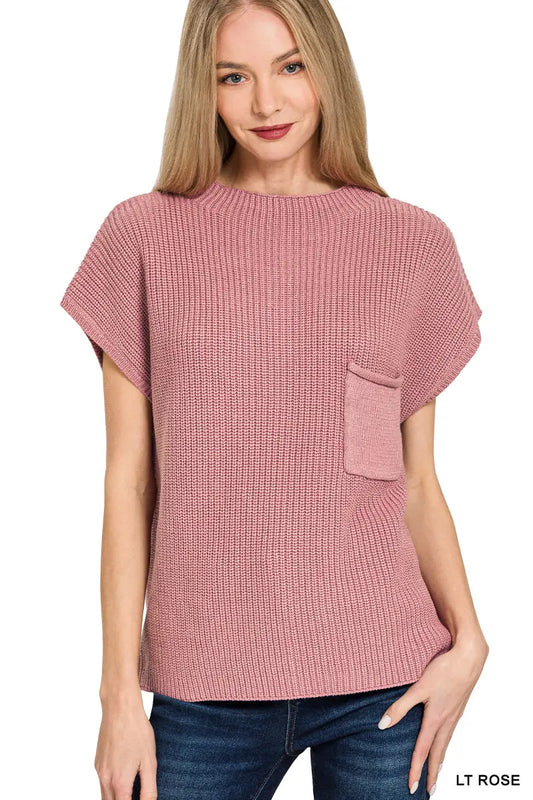 Zenana Women's Mock Neck Short Sleeve Sweater- Winter Rose Zenana