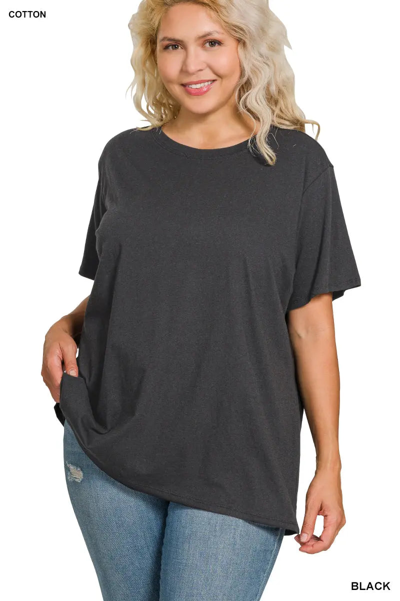 Zenana Women's Plus Cotton Boyfriend Round Neck Tee - Black Zenana