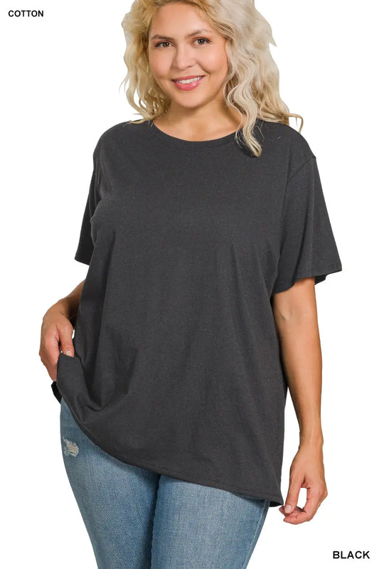 Zenana Women's Plus Cotton Boyfriend Round Neck Tee - Black Zenana