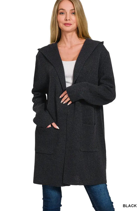 Zenana Women's Hooded Open Front Sweater Cardigan - Black Zenana