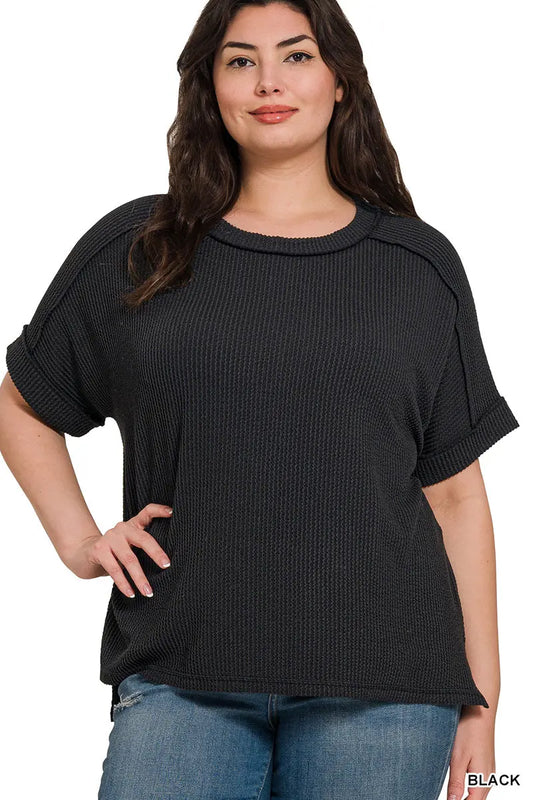 Zenana Women's Plus Raised Rib Cuff Sleeve Raw Edge Top - Black Zenana