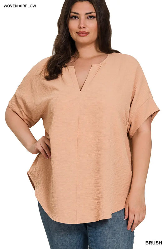 Zenana Women's Plus Woven Airflow Split Neck Short Sleeve Top - Brush Zenana