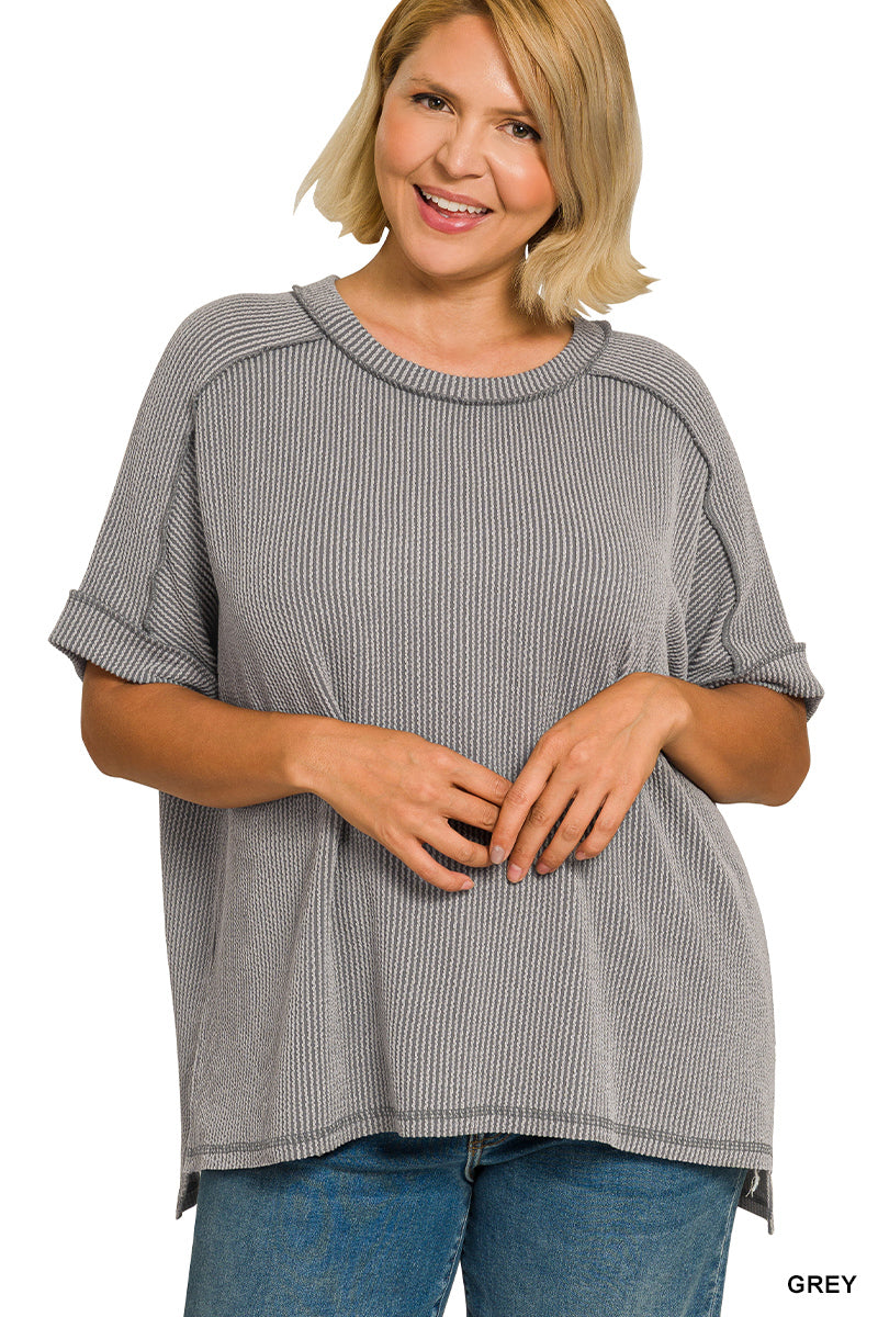 Zenana Women's Raised Rib Cuff Sleeve Raw Edge Plus Top - Gray