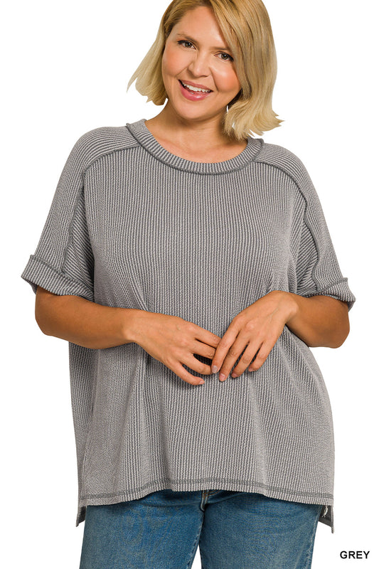 Zenana Women's Raised Rib Cuff Sleeve Raw Edge Plus Top - Gray
