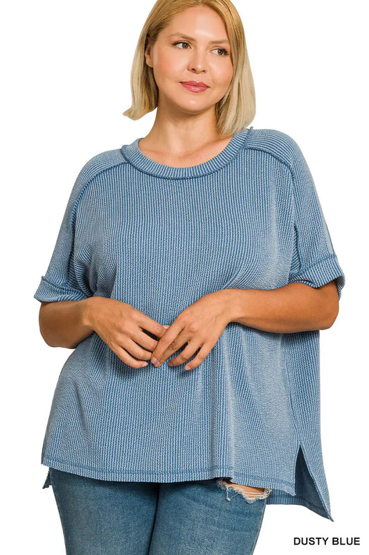 Zenana Women's Raised Rib Cuff Sleeve Raw Edge Plus Top - Dusty Blue Zenana