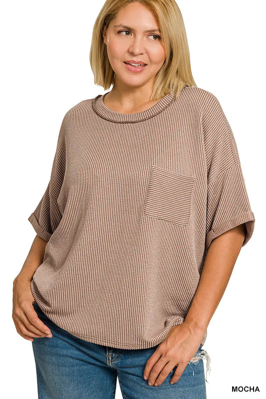 Zenana Women's Raised Rib Short Sleeve Front Pocket Plus Top - Mocha Zenana