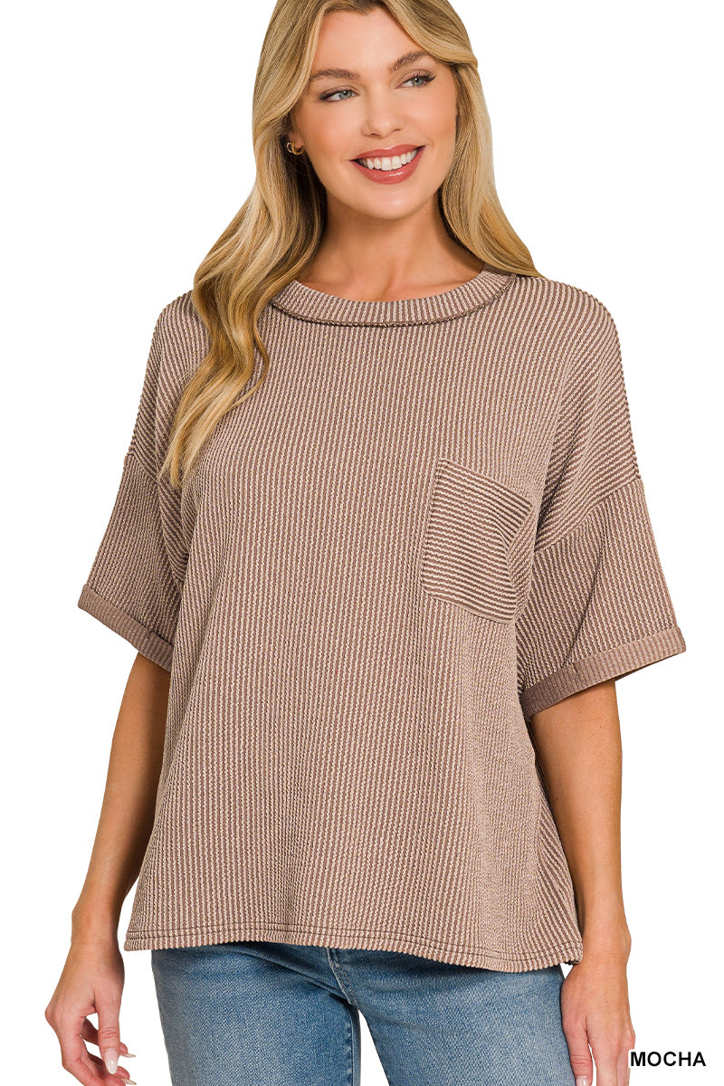 Zenana Women's Raised Rib Short Sleeve Front Pocket Top - Mocha
