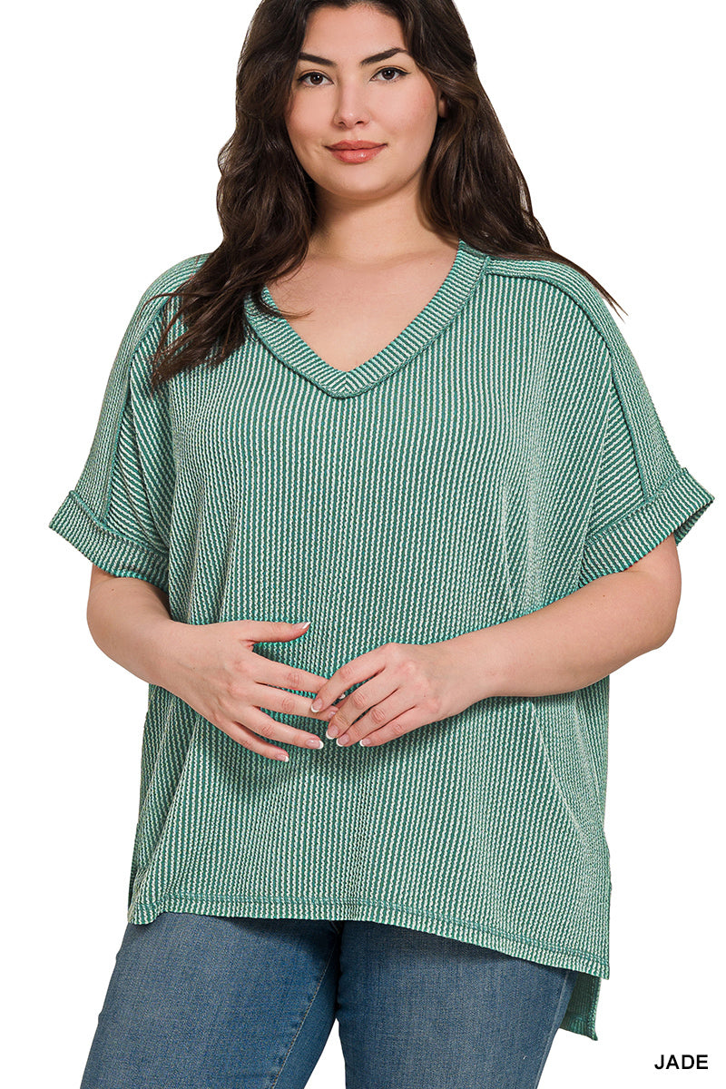 Zenana Women's Raised Rib Short Sleeve High Low V-Neck Plus Top - Jade