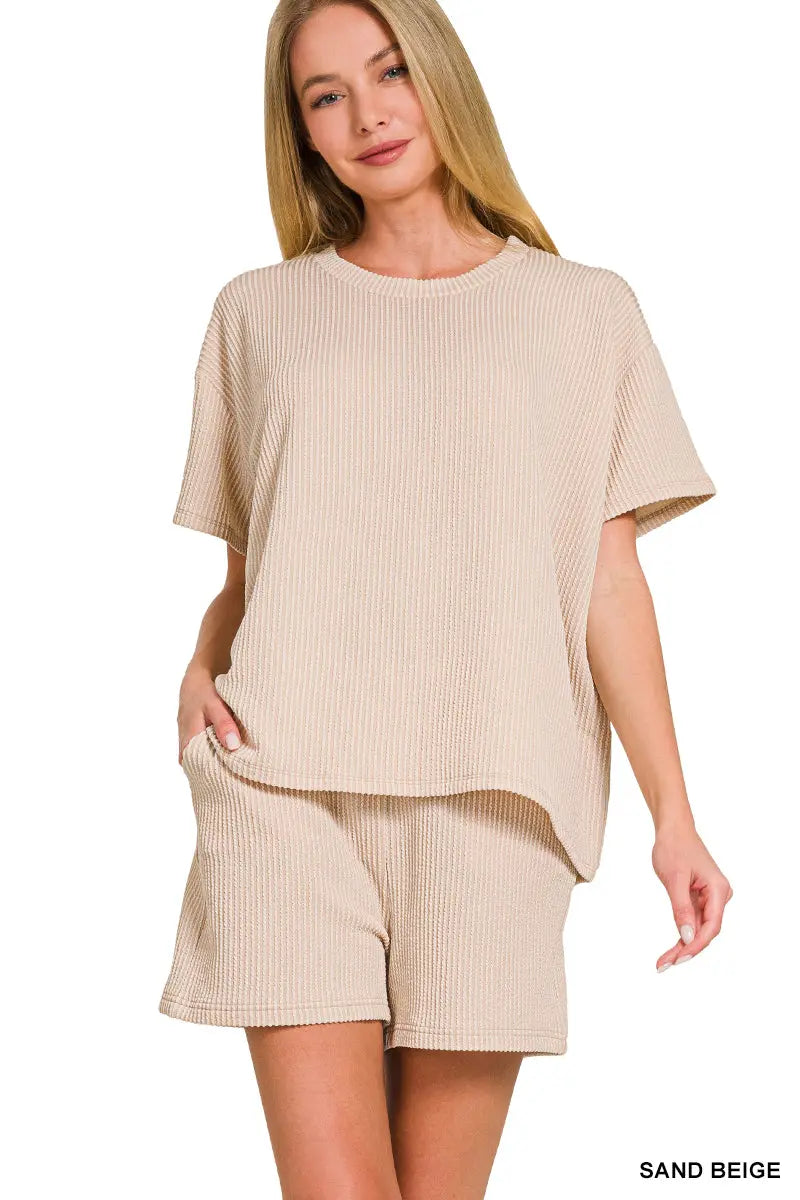 Zenana Women's Raised Rib Short Sleeve Tee & Shorts Set -Sand Beige Zenana