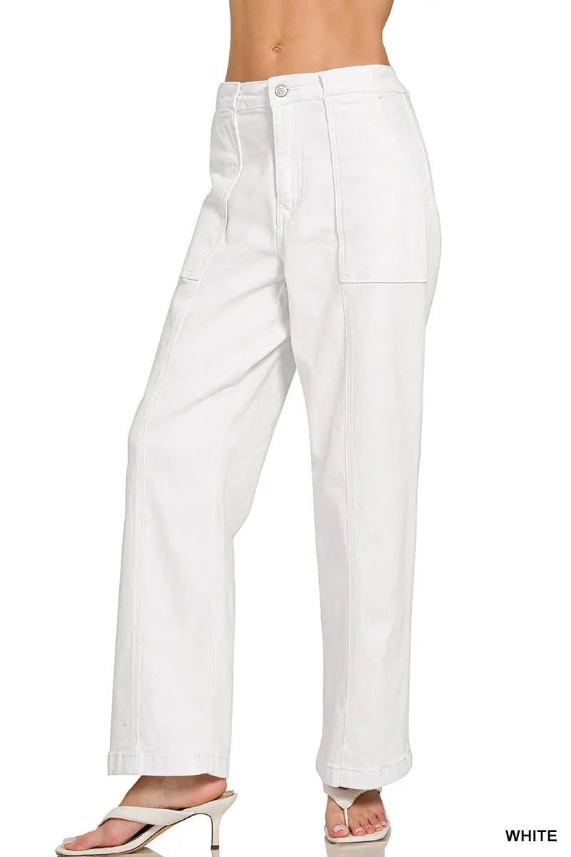 Zenana Women's Straight Leg Utility Pocket Color Denim Pants - White Zenana