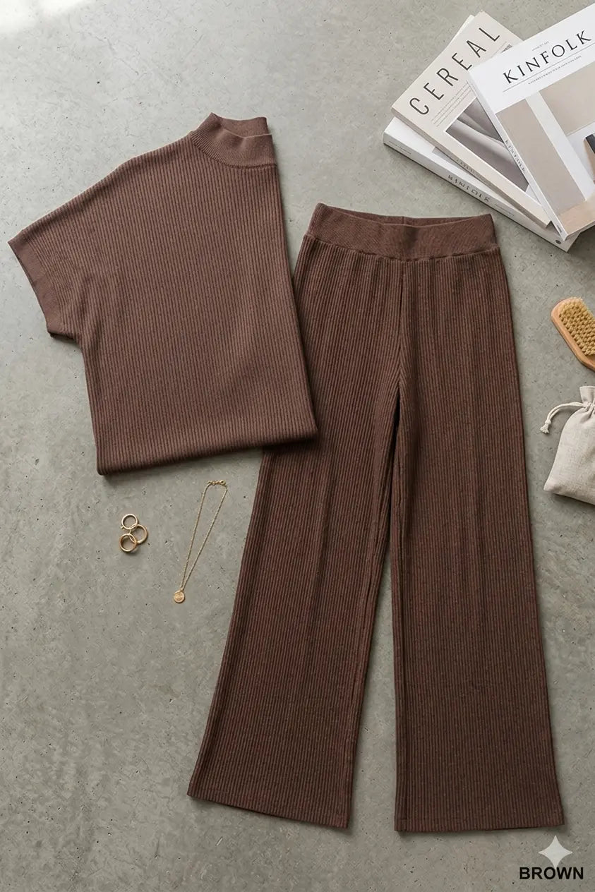 Zenana Women's Viscose Mock Neck Boxy Sweater & Pant Set - Brown Zenana