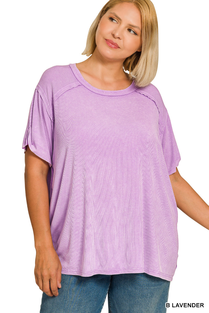 Zenana Women's Washed Ribbed Short Sleeve Boat Neck Plus Top - Lavender