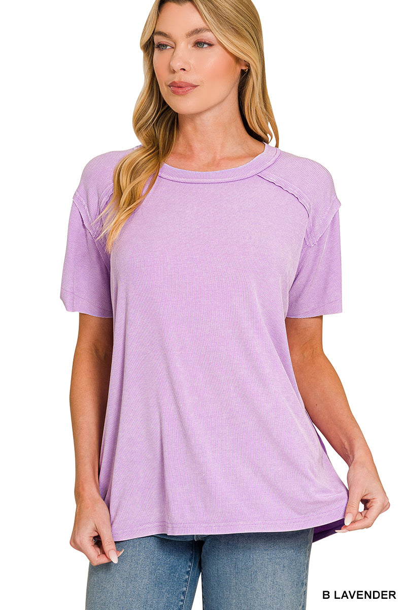 Zenana Women's Washed Ribbed Short Sleeve Boat Neck Top - Lavender